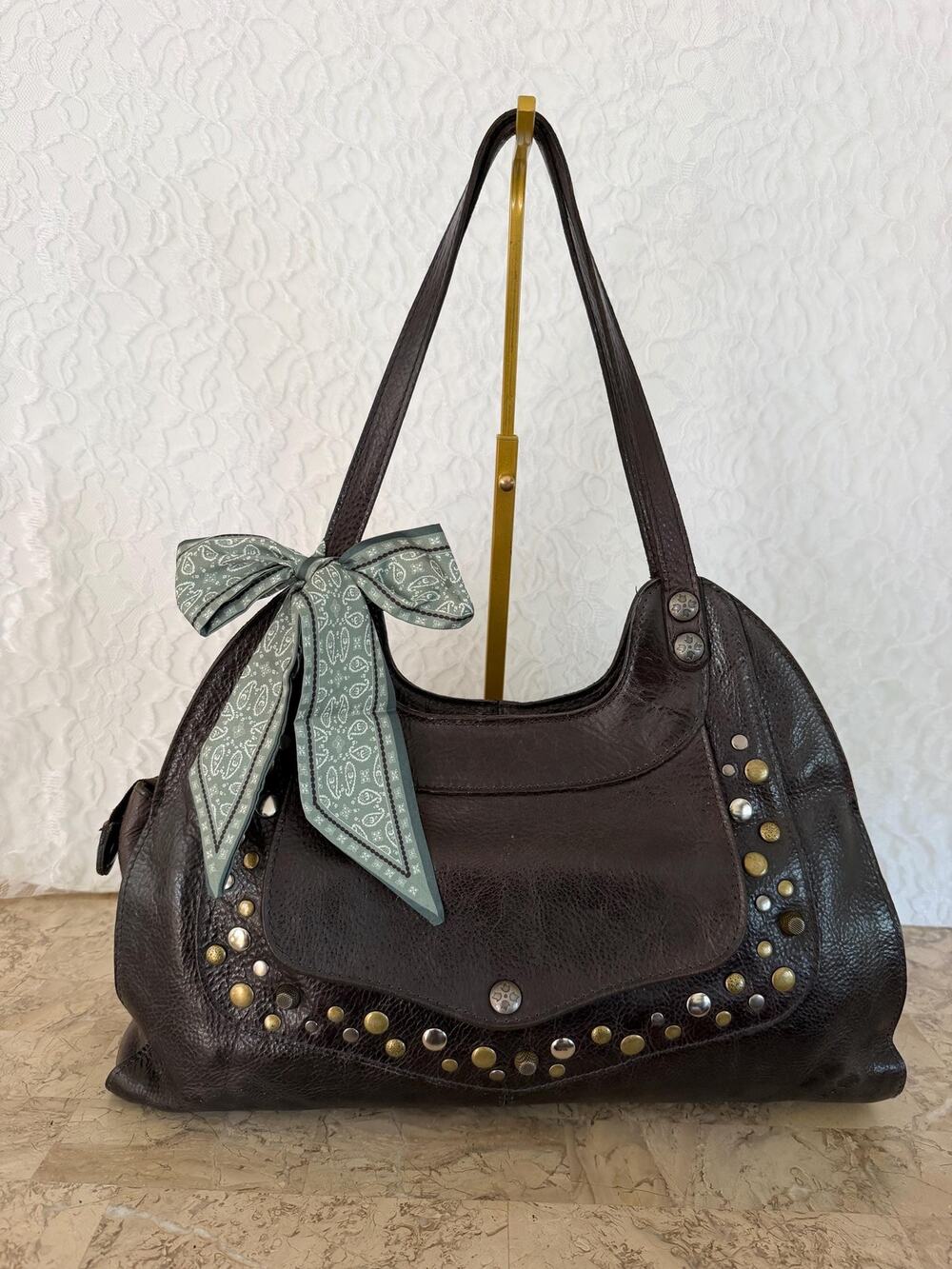 Vintage Patricia Nash Dark brown studded detail thick leather large shoulder bag